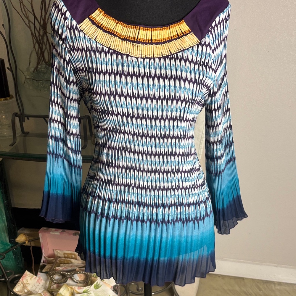 Blue and White Patterned top with Beaded Neckline
